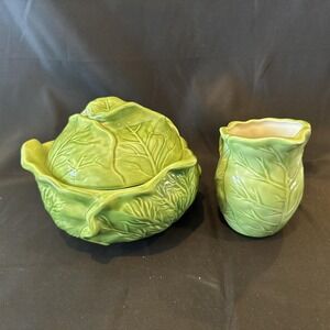 Vintage Holland Mold Ceramic Cabbage Lettuce Serving BowlW/ Lid Creamer  3pc Set